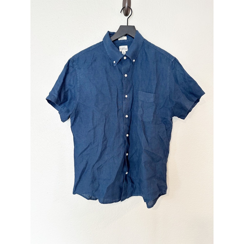 J. Crew Irish Linen Short Sleeve Button Down Slim Fit Shirt Navy Blue Mens Large